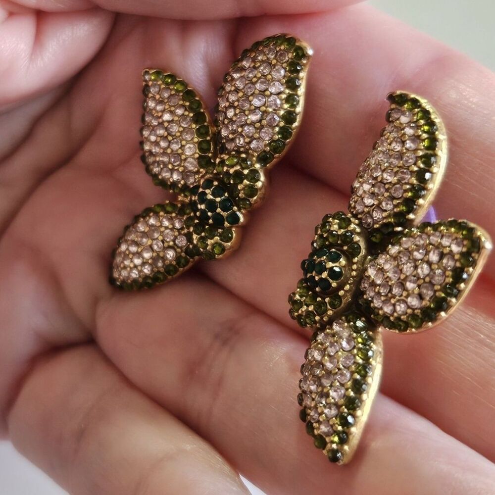 STELLA & DOT Flower Pink Green Pave Rhinestone Pierced Earrings - Picture 3 of 12